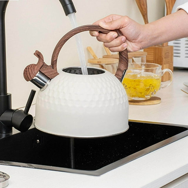 Bouilloire Émaillée Sifflante, avec Fond Solide Résistant à la Chaleur 2.5 qt, Blanc pour Cuisine Familiale
