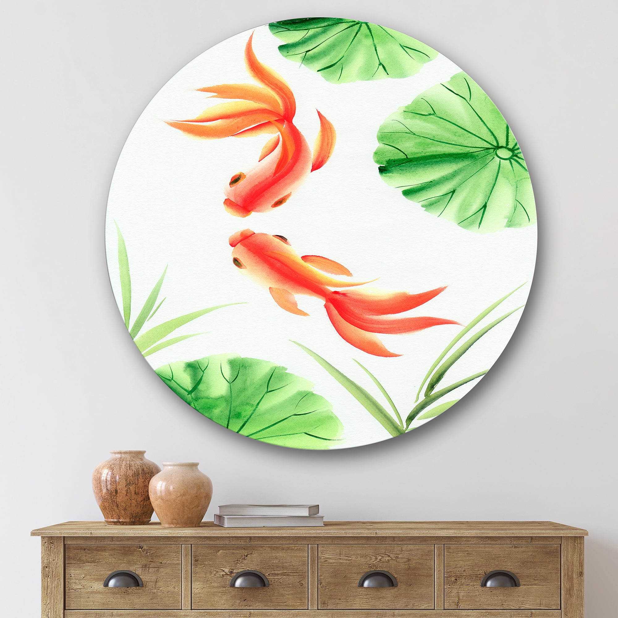 Designart 'The Lotus Leaves With Goldfishes' Nautical & Coastal Circle Metal Wall Art 29x29 - Disc of 29