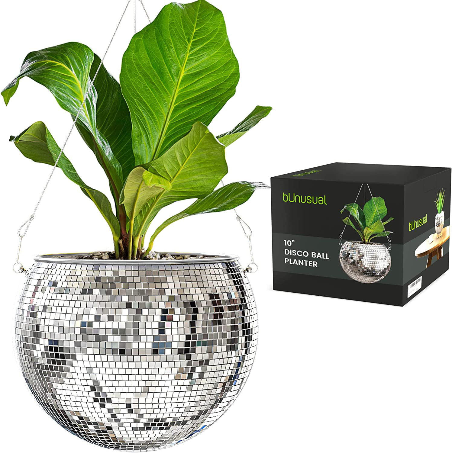 Disco Ball Planter 10 inch – Fun 70s Disco Ball Plant Hanger with 360 Rotation Swivel Hook, Stand - Funky Mirror Pot Plant Hanger, Indoor/Outdoor Boho Flower Pot Home Décor