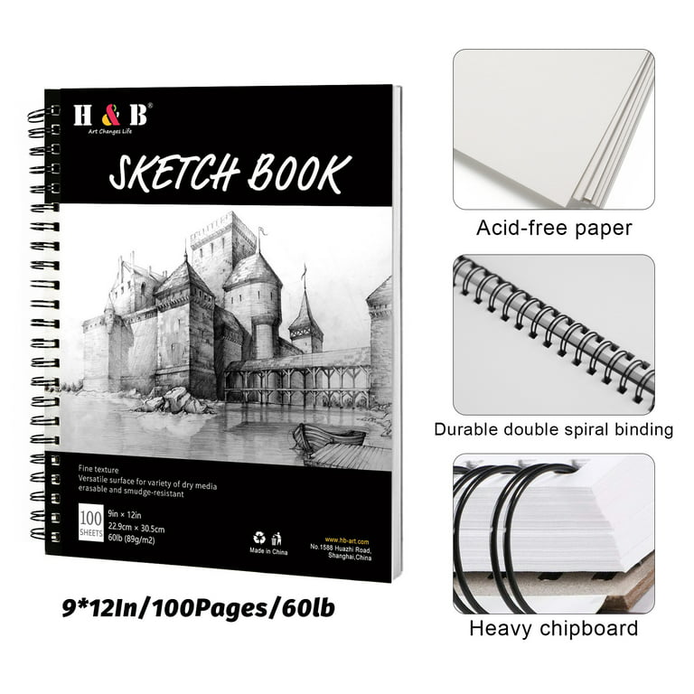 Sketch Book 9x12 inch - Pack of 2 (Total 200 Sheets) Spiral Bound  Sketchbook, 68 lb/100gsm Artist Sketch Pad, 100 Sheets Each, Durable Acid  Free