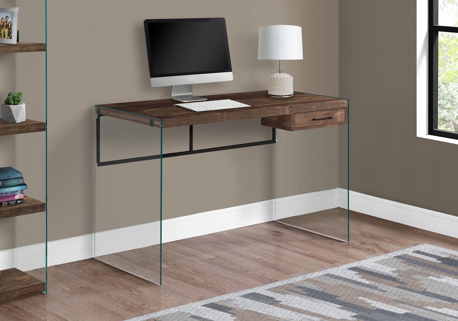 Monarch Specialties Computer Desk, Home Office, Laptop, Storage Drawers, 48"l, Work, Tempered Glass, Laminate, Brown, Clear, Contemporary, Modern