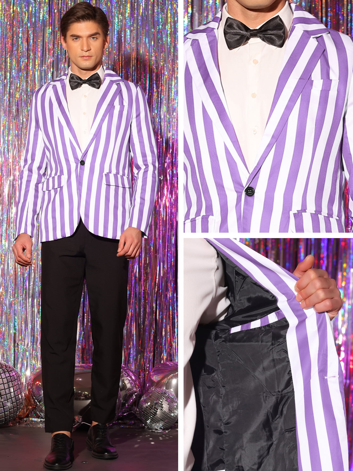DARING DIVA Men's Striped Blazers One Button Business Stripes Patterned Coats S Purple White