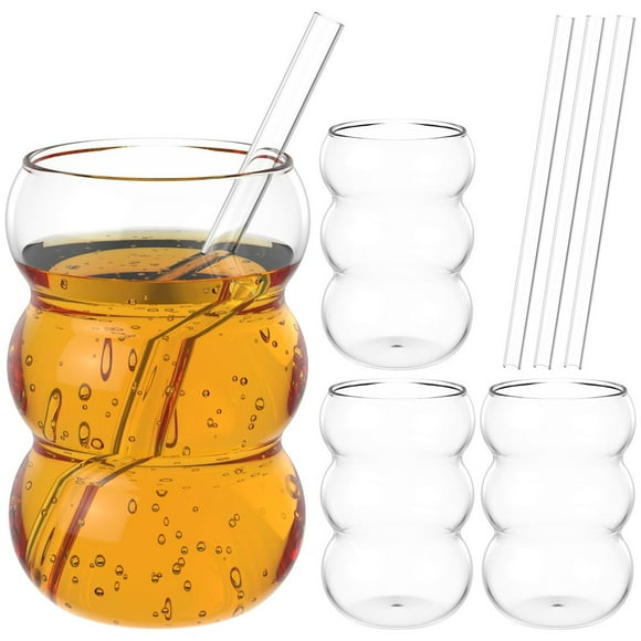PEACNNG 4 Pcs 18 oz Wavy Drinking Water Glasses Drinking Glasses with Glass Straws Wavy Shape Bubble Glass Cups Enduring Wavy Shape Vintage Ribbed Glassware Multipurpose Drinking Glasses