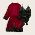 thumbnail image 4 of XIAOCHA Womens 4-Piece Satin Lace Trim Sleepwear Set Silky Romantic Loungewear, 4 of 7