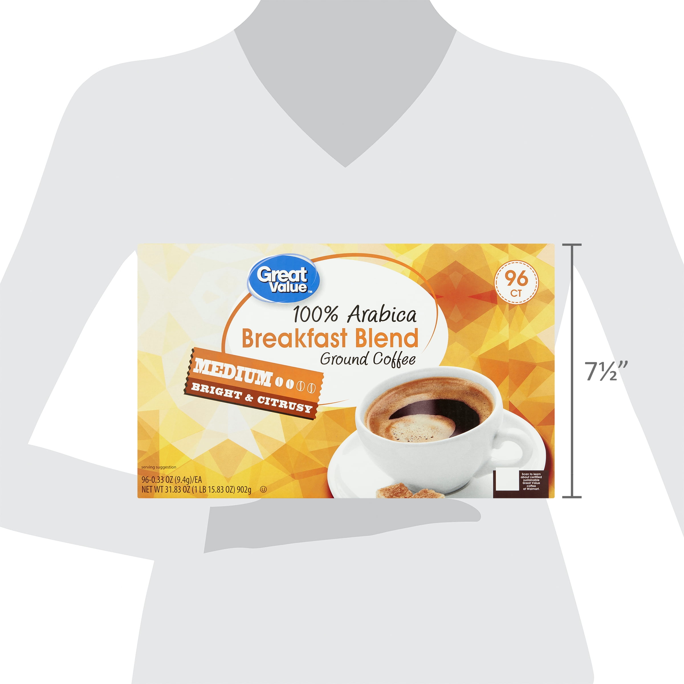 Great Value 100% Arabica Breakfast Blend Medium Roast Ground Coffee Pods, 96 Ct