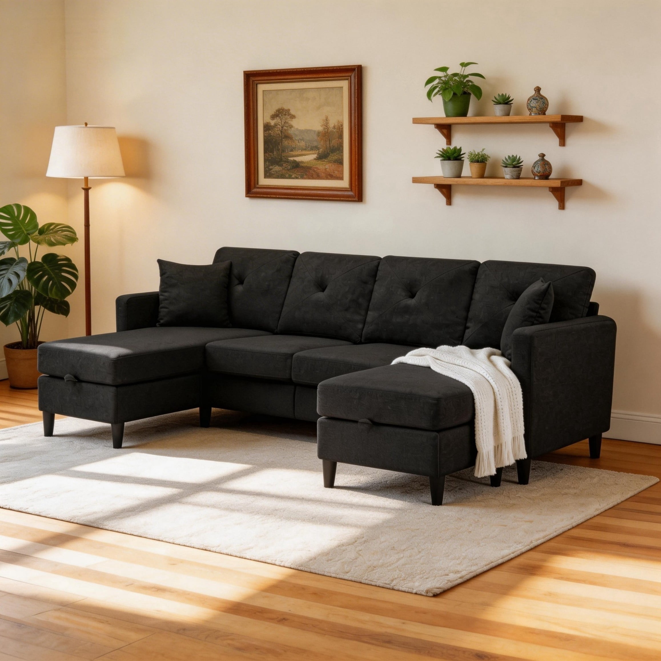 BSHTI 99.2" U-Shaped Modular Sectional Sofa with Storage Ottomans – U-Shaped Sectional Sofa with Ottoman,Backrest Sectional Couches and Sofas, Includes Toss Pillows, Black