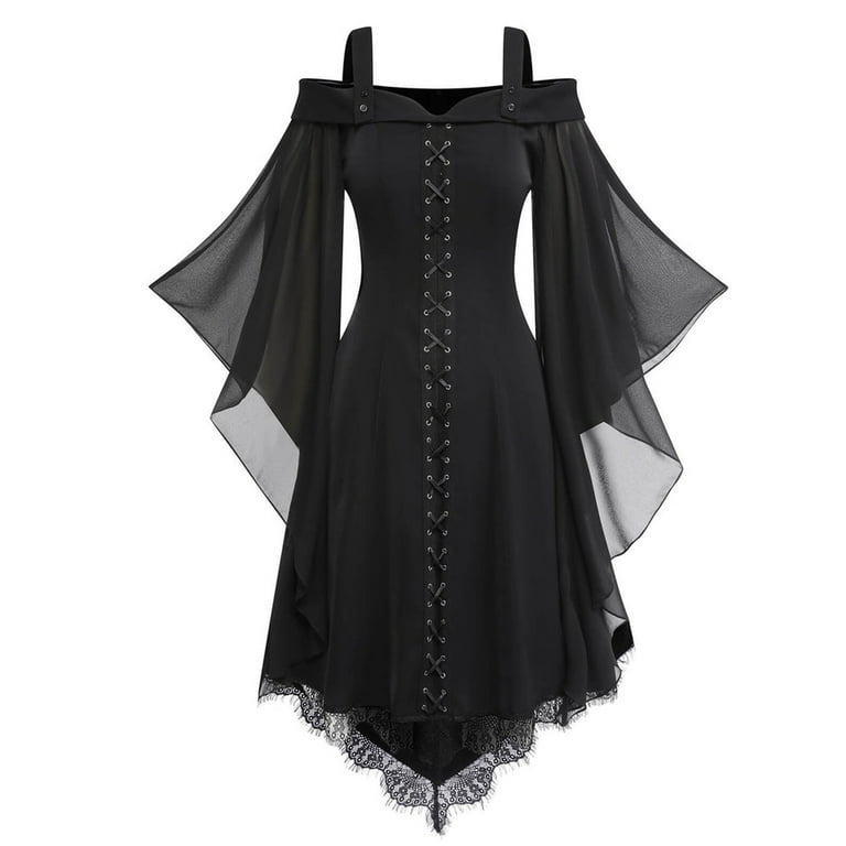 WREESH Womens Vintage Gothic Dress Off The Shoulder Bell Sleeve Dress Lace Up Chiffon Mini Dress Formal Dresses for Wedding Festival Party Cocktail