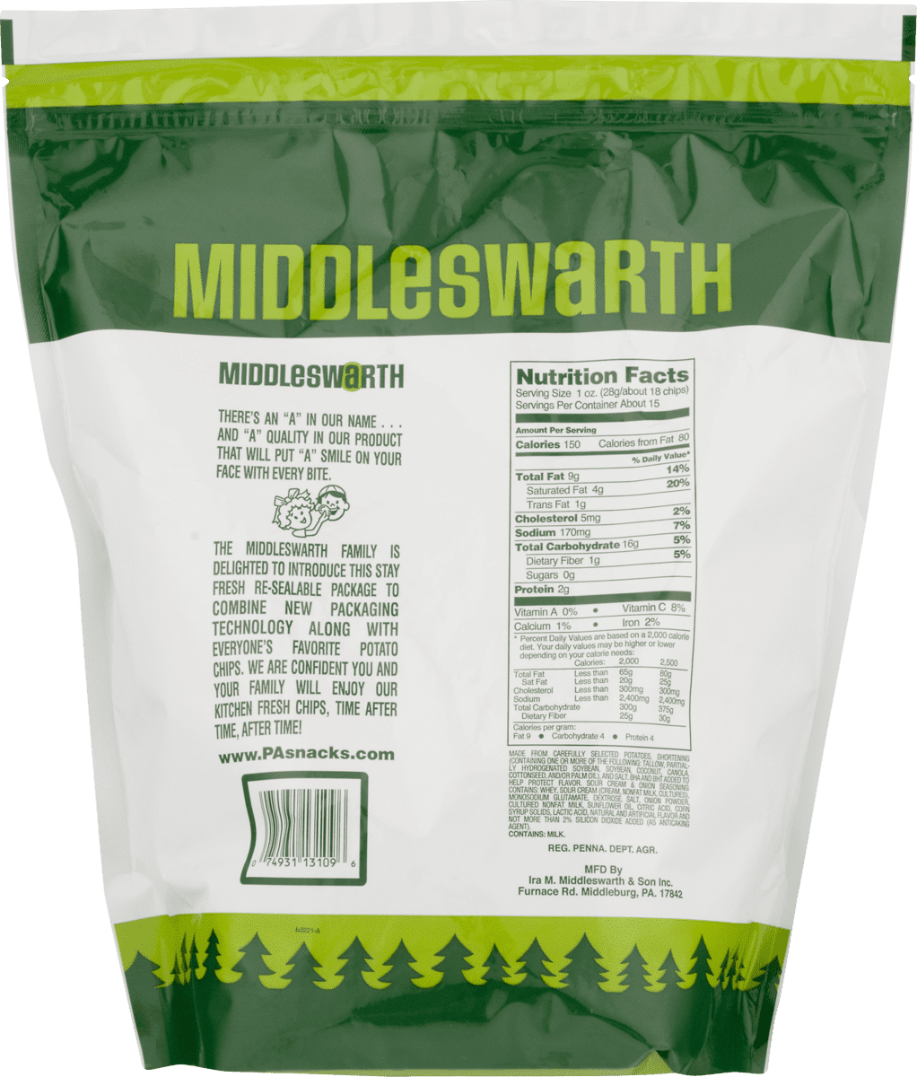 Middleswarth Kitchen Fresh Sour Cream & Onion Potato Chips - 14 Oz. Resealable Big Bag (3 Bags)