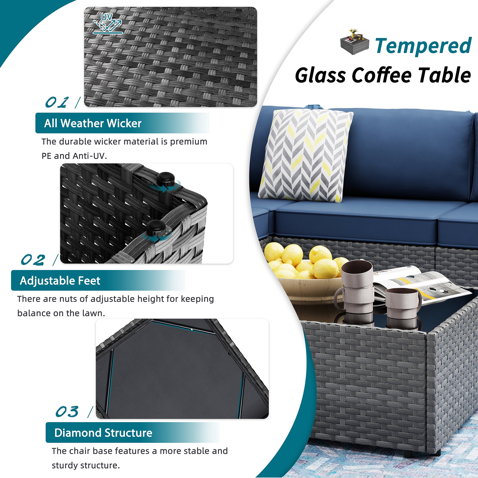 Walsunny 15 Pieces Patio Wicker Rattan Fire Pit Furniture Conversation Sets with Outdoor Sectional Sofa,45" Gas Propane Fire Pit Table,Glass Coffee Table,Silver Rattan Aegean Blue Cushion