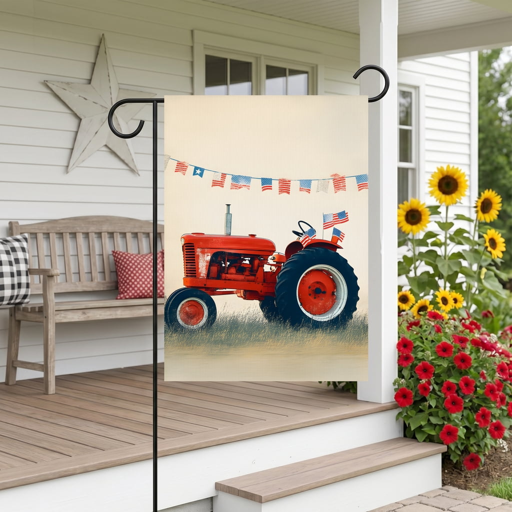 250th anniversary usa garden flag A red tractor with american flags hanging from the side of it. * usa decor 28 x 40 In Large Flag patriotic front porch decor