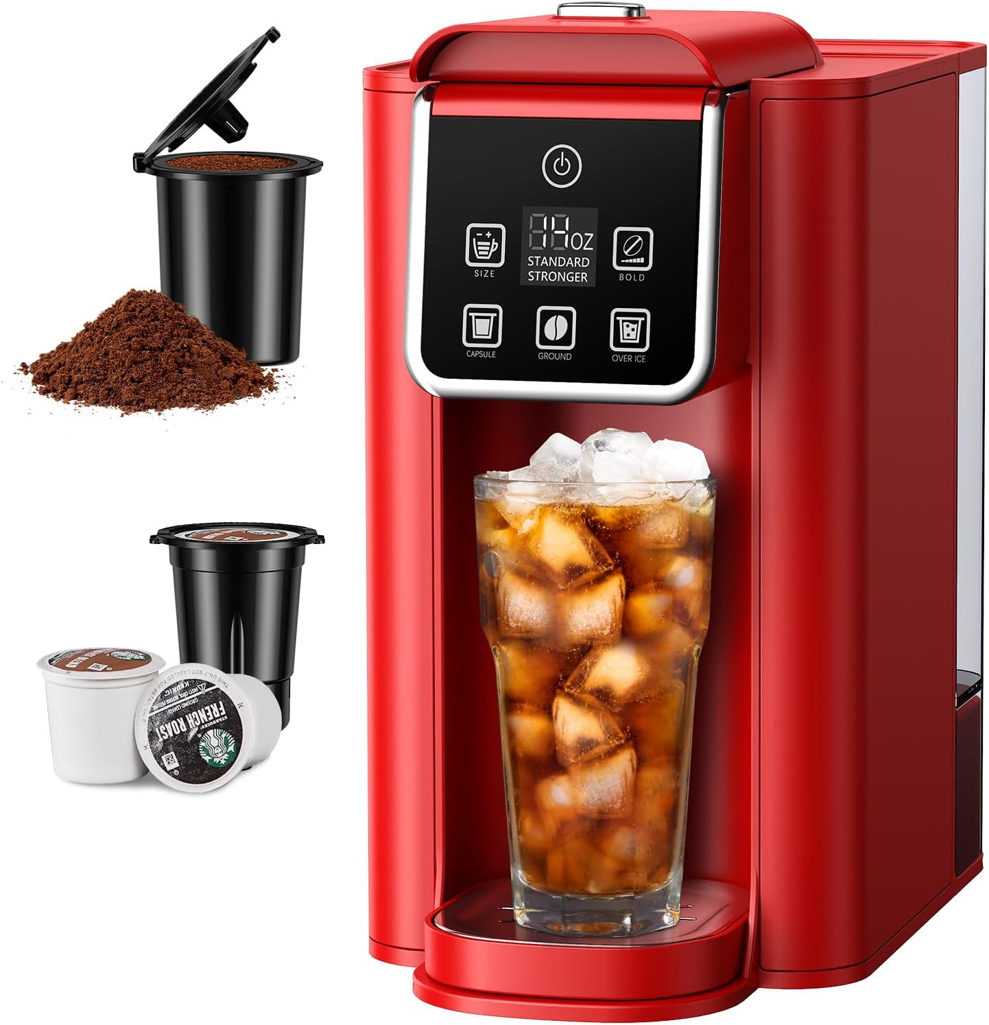 Single Serve Coffee Maker, Hot and Iced Coffee Machine for K Cup Pods & Ground Coffee, 6 to 14 oz Brew Sizes, with 50 oz Large Water Tank, Removable Drip Tray, Stainless Steel, Red