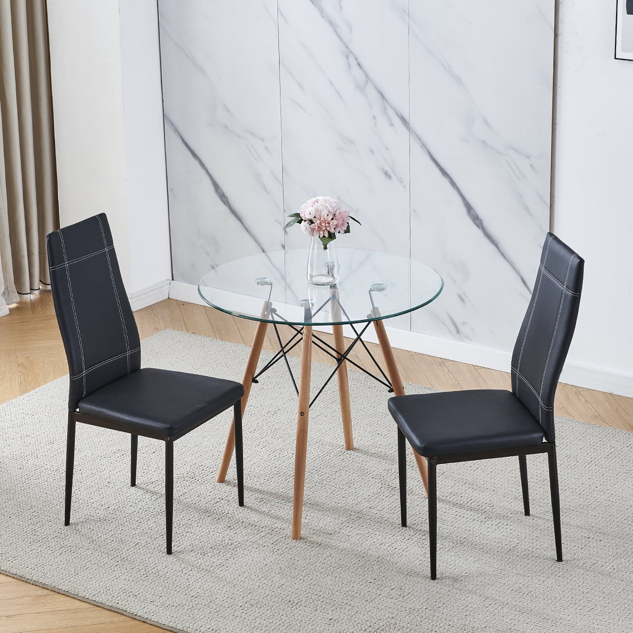 Set of 3 Dining Table Chair Set Round Glass Dining Table Small Kitchen