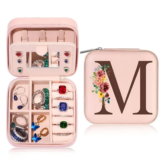 ACDANC Travel Jewelry Case Jewelry Box - Small Jewelry Box Organizer Holder Ring Earrings Box Travel Essentials for Women, Birthday Gifts for Women Teen Girls Mom Bridesmaid Jewelry Case Initial M