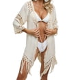 thumbnail image 2 of Crochet Beach Cover Up Women Sexy V-neck Lace-up 3/4 Sleeve Hollow Out Tassel Bikini Cover-up Solid Color Swimsuit Cardigan, 2 of 7