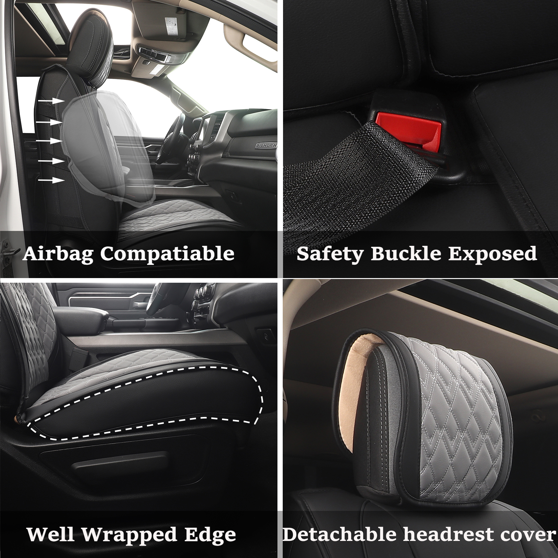 JOJOBAY Car Seat Covers for Dodge Ram 2 Pcs Front,Fit Ram 2009-2026 1500/2500/3500 Pick-up Truck,Crew,Regular,Quad,Mega Cab,Waterproof Leather Automotive Seat Covers 2 PCS Front,Black-Grey
