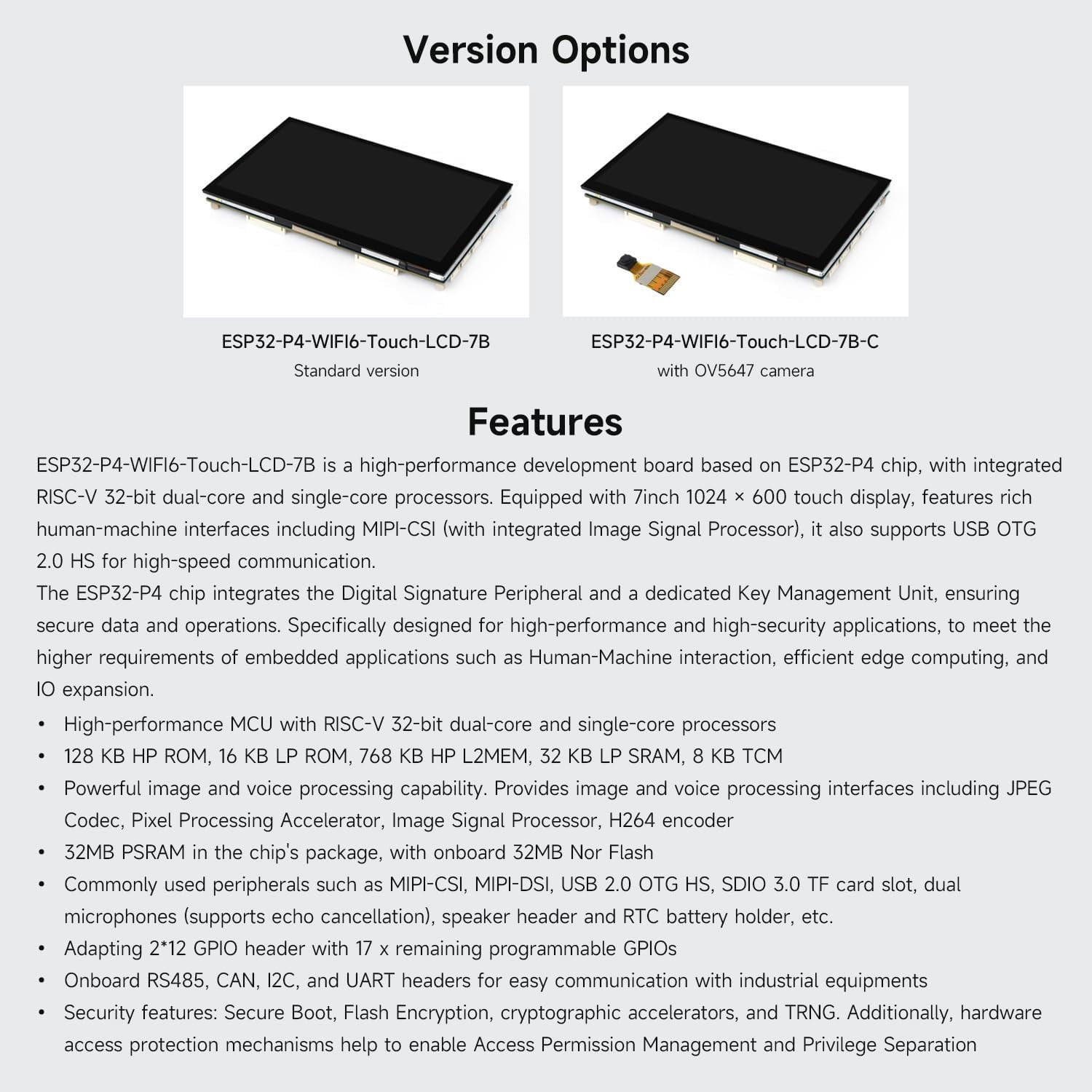 ESP32-P4-WIFI6 7inch 5-Point Touch Display Development Board with OV5647 Camera, Powered by ESP32-P4 and ESP32-C6, 1024 × 600 Resolution, Featuring Wi-Fi 6 and Bluetooth 5 (LE) Support