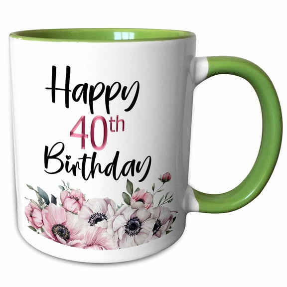 3drose, Pink and White Anemone Flowers Happy 40th Birthday, 11oz Two-tone Green Mug