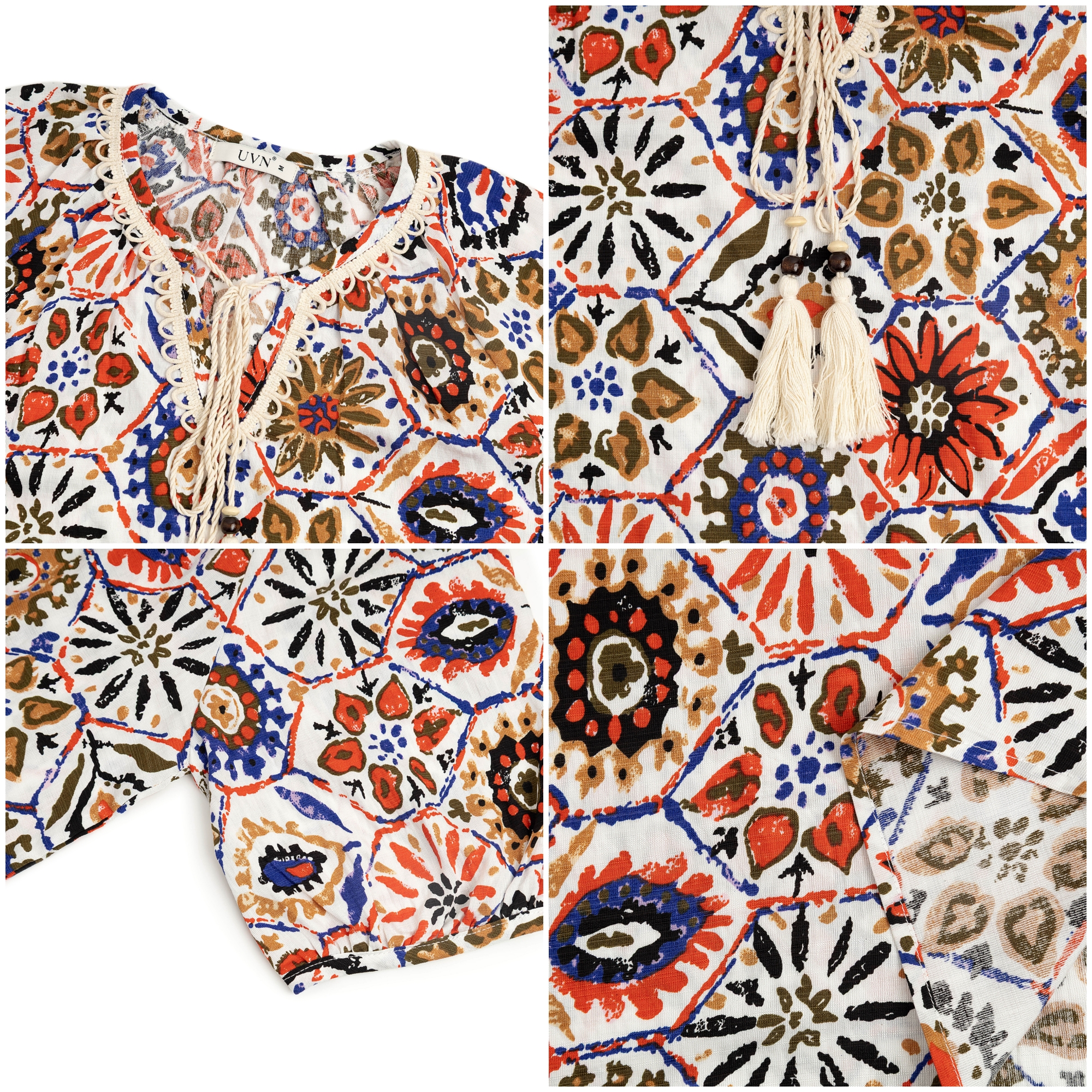 UVN Women's Boho Floral Tie-Front Blouse, Multicolor photo 5