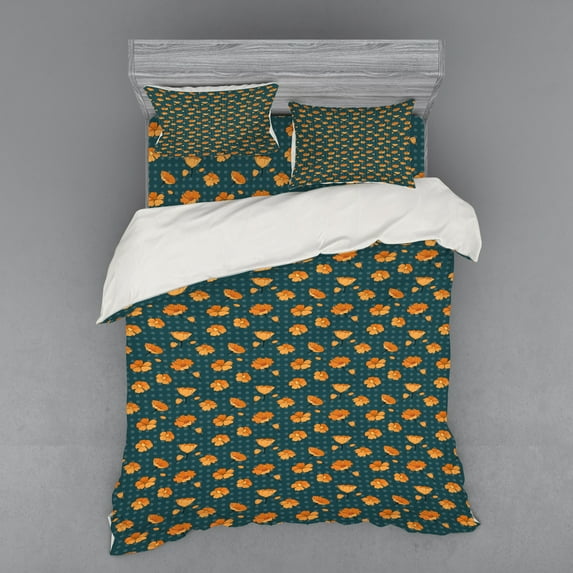 Flower Duvet Cover Set, Floral Pattern with Petals and Buds on Polka Dots, Bedding Set with Shams and Fitted Sheet, 3 Sizes, by Ambesonne