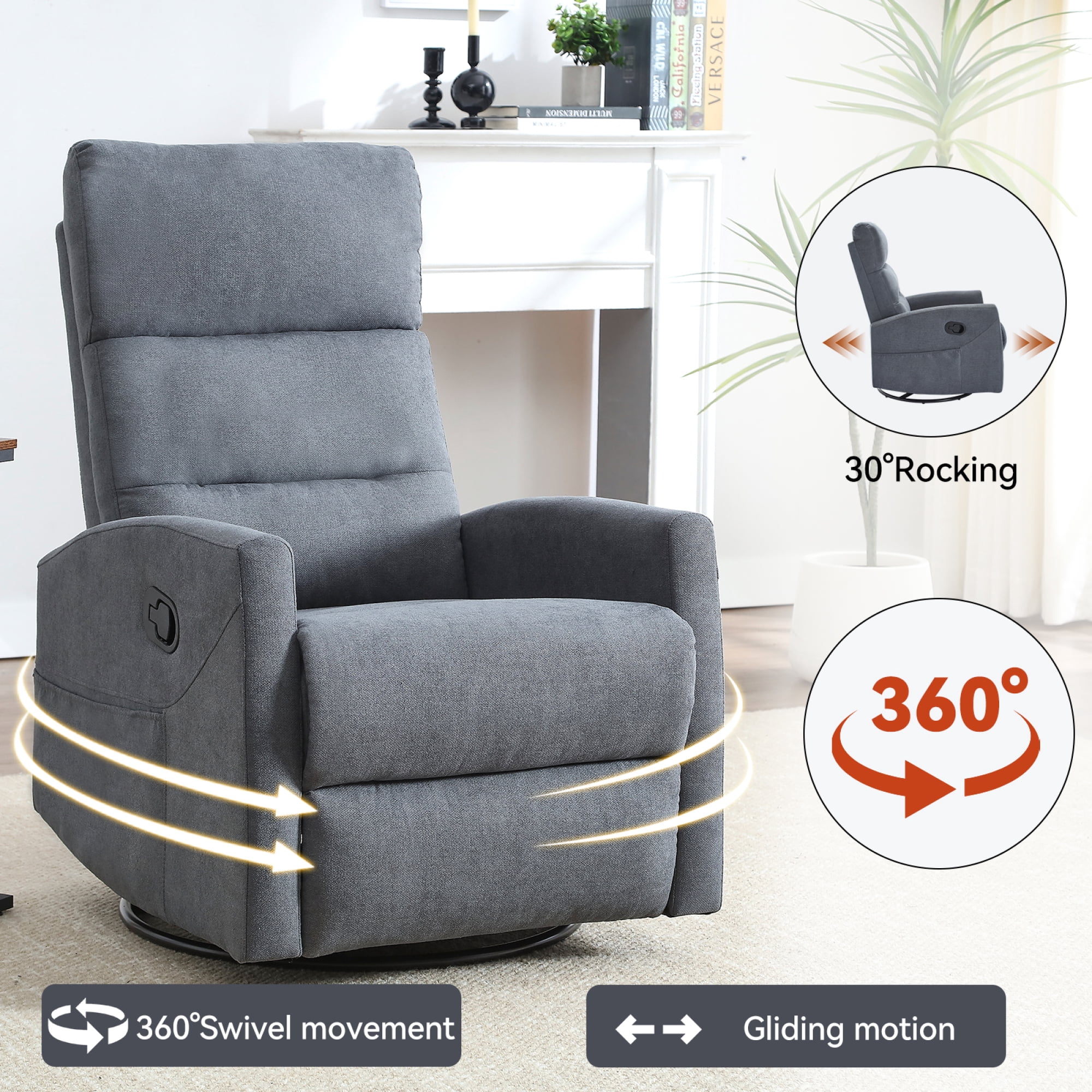 Manual Recliner Chair for Living Room,Swivel Recliner Chair with Footrest,Gray