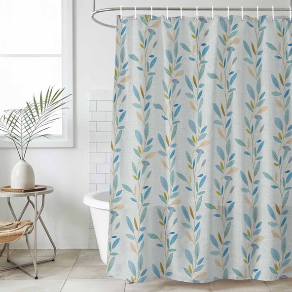 Blue Green Leaves,Waterproof Fabric Shower Curtain,Botanical Watercolor Plant Waterproof Fabric Shower Curtain for Bathroom Curtains Bathtubs Hotel Shower Curtains with 12 Hooks Stall 48x72in