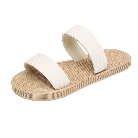 Utoimkio Flat Sandals for Women Under $10 Women's Summer Imitation Grass Woven Ribbon Flip Flops Beach Platform Flat Slippers Sandals