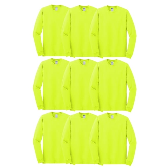 Gildan Heavy Cotton Men's High Visibility T-Shirt, Long Sleeve Work Tee, Safety Green, 9-Pack, S