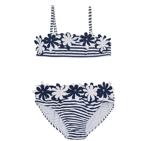 Kate Mack Baby Girls Navy White Stripe Floral Appliques 2 Pc Swimsuit