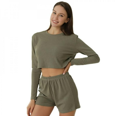 

Final Clear Out! Women s Waffle Knit Pajama Set Long Sleeve O-neck Cropped Top And Shorts Pullover Nightwear Loungewear Pajama Set