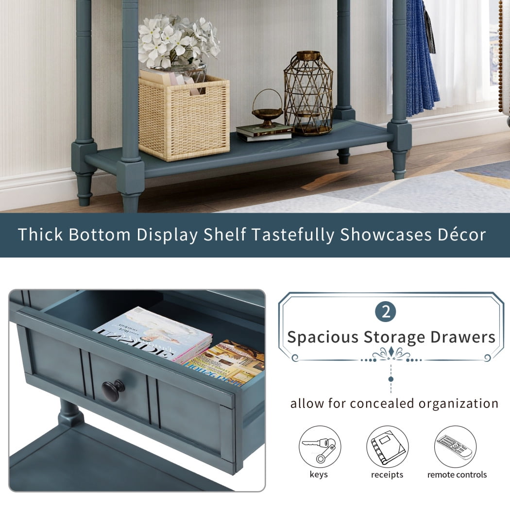 Console Table, Console Tables for Entryway, 35" Console Sofa Table Foyer Table with 2 Drawers & Open Shelves, Console Table with Storage, Narrow Entryway Table for Living Room, Hallway, Entrance, Blue