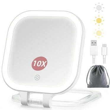 Rechargeable Travel Makeup Vanity Mirror with Lights and Magnification, Portable 1X/10X Magnifying Mirror with 3 Color Light, Lighted Makeup Mirror with Magnification, Folding LED Desk Mirror