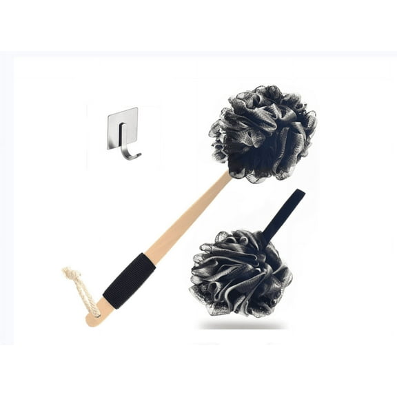 Loofah Sponge, Shower Loofah with Non Slip Long Wooden Handle, Back Body Loofah Scrubber for Men Women, Bath Shower Sponge Brush for Dry Skin Exfoliating Brushing Scrubbing With Hook (Black)