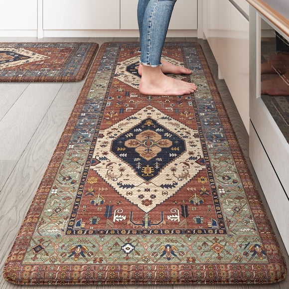 KIMODE Anti Fatigue Kitchen Mats, Boho Distressed Kitchen Rugs 20"x47"+20"x32", Non-Slip Waterproof Kitchen Floor Mats, Comfort Mats for Kitchen Floo