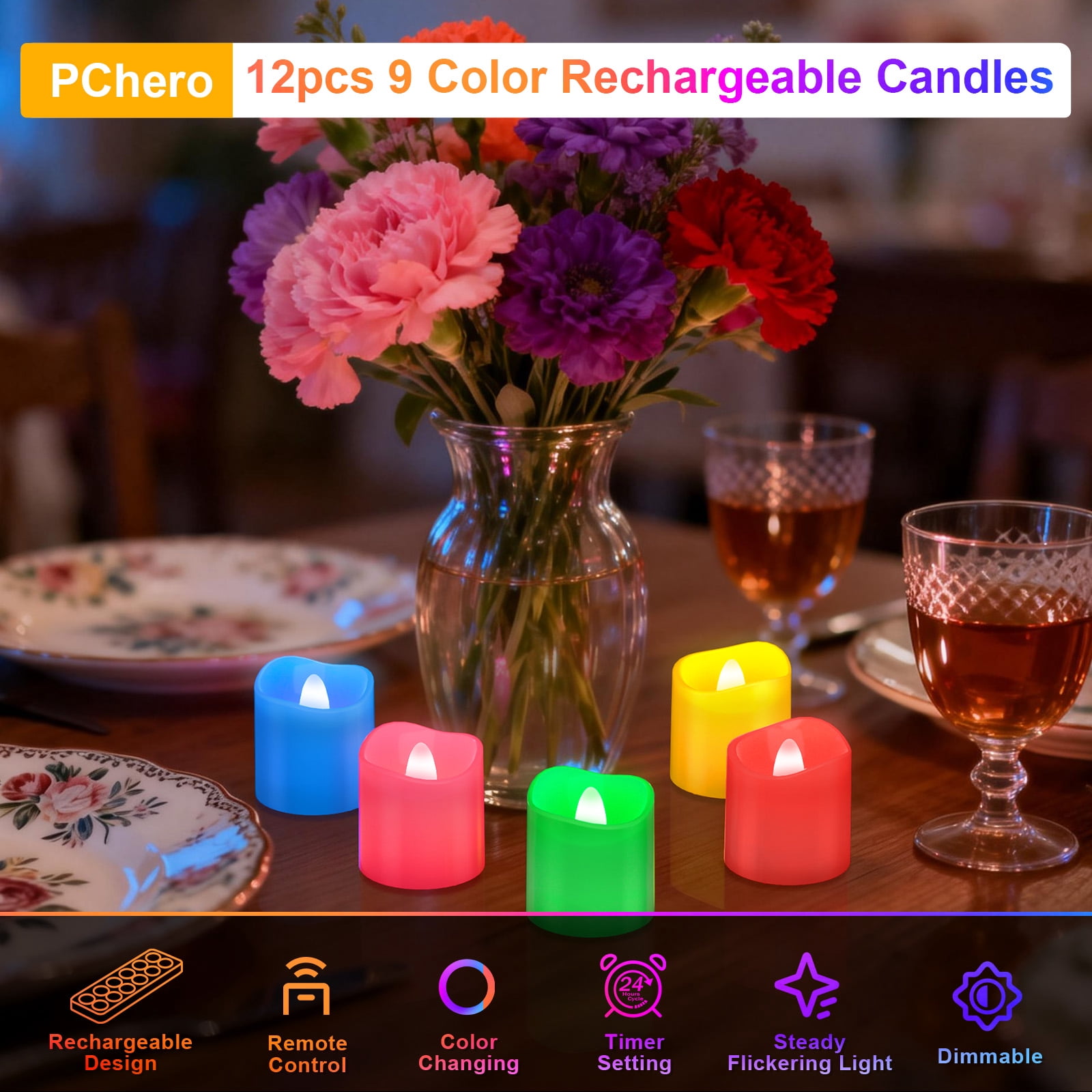 PChero Rechargeable Tea Lights 9-Color Changing with Remote Timer& Charging Base, 12pcs LED Electric Tealights Battery Operated, Flameless Votives Candles for Table Christmas Holiday Home Decor, 1.57