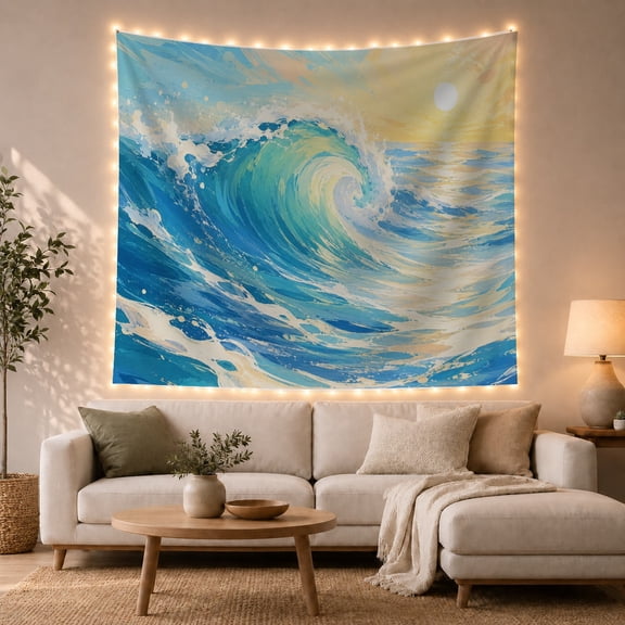 Cresting Ocean Wave with Sunlit Horizon and Golden Sky, Adventurous Coastal for Ocean Lovers, Wave Wall Decor, Housewarming Gift, Tapestry Wall Hanging for Bedroom and Dorm