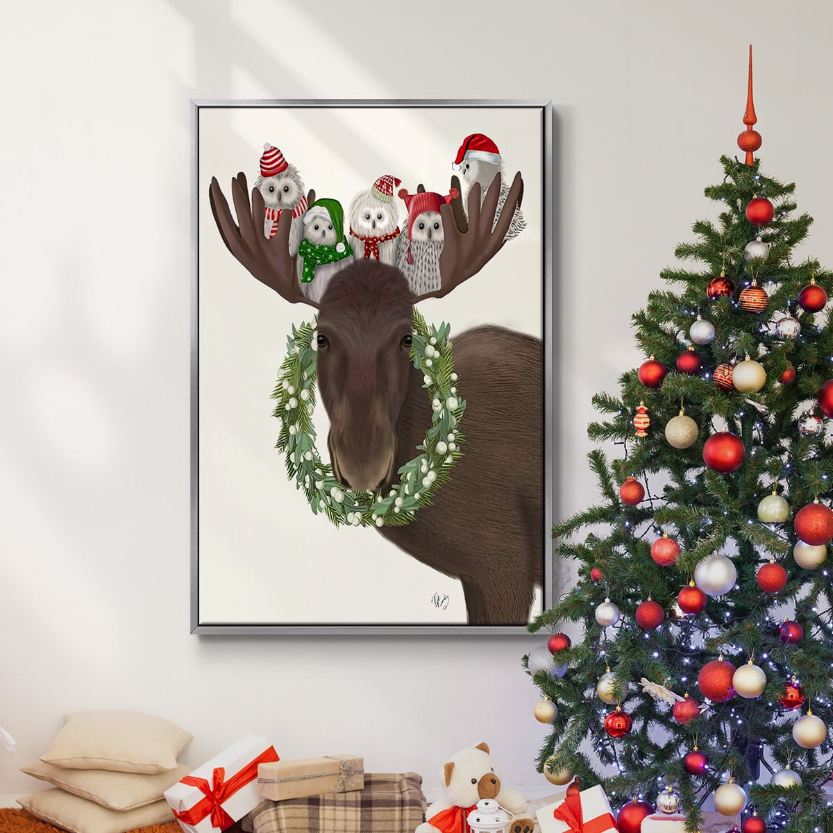 Christmas Moose and Christmas Owls - Framed Gallery Wrapped Holiday Canvas - 17 x 25 - Silver Frame