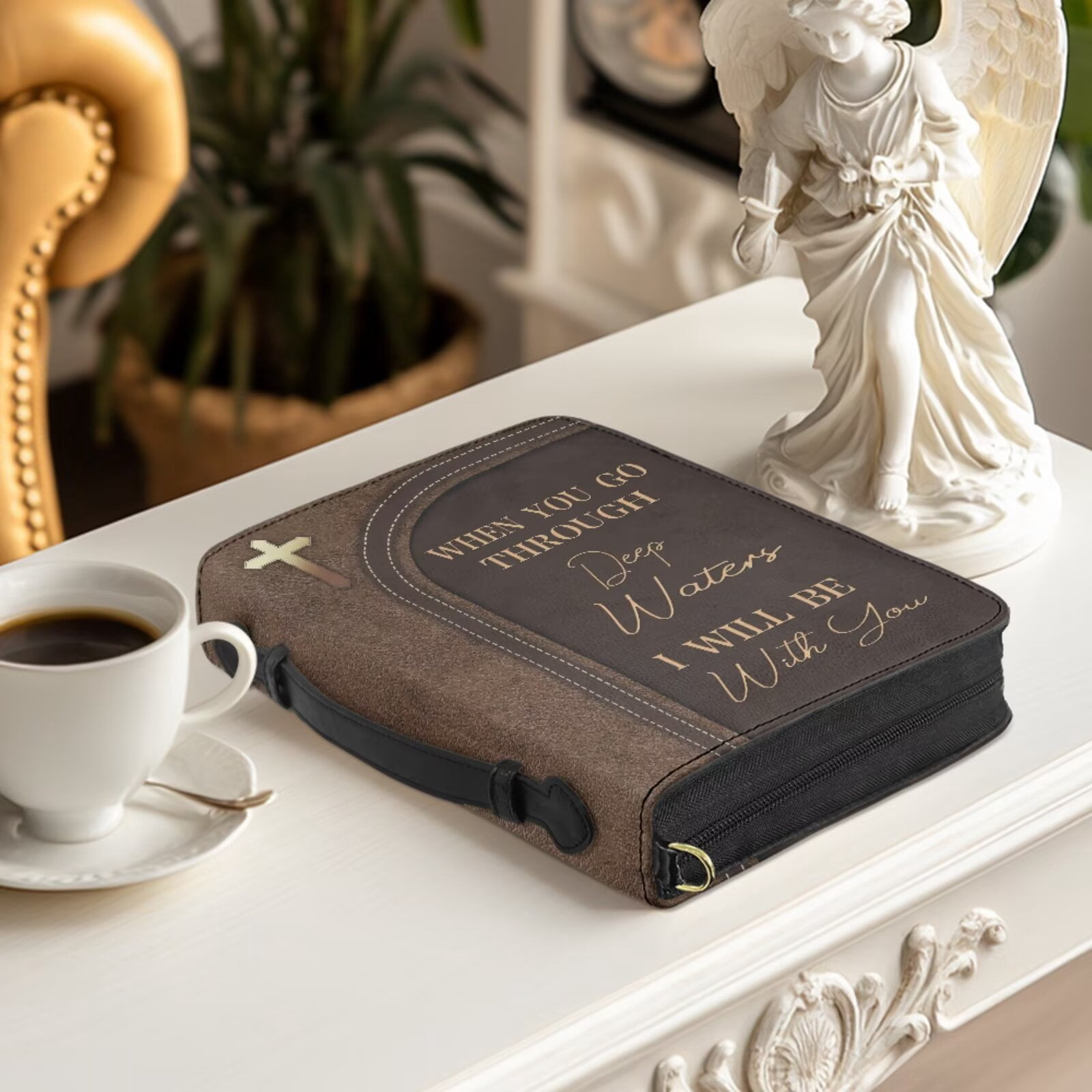 Kuiaobaty Cross Print Bible Cover for Women Men Roomy Bible Study Supplies with Leather Bookmark Multi Pockets Church Bag Bibles Case with Strap Gifts for Christian, Brown