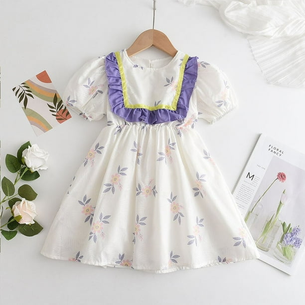 Ropa de verano para niñas pequeñas, vestido de princesa con volantes y flores de cumpleaños de manga corta para niñas, disfraz con estampado de flores para bebés de 120cm Gao Jinjia LED