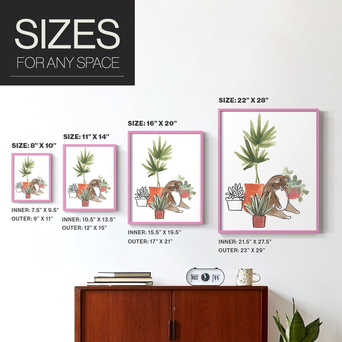 Purrfect Plants II Framed Print in Pink Solid Wood Framed Print No Nail Hanging