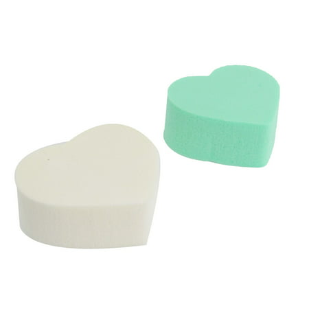2 x Green White Cosmetic Face Makeup Pad Heart Shaped Powder Puffs