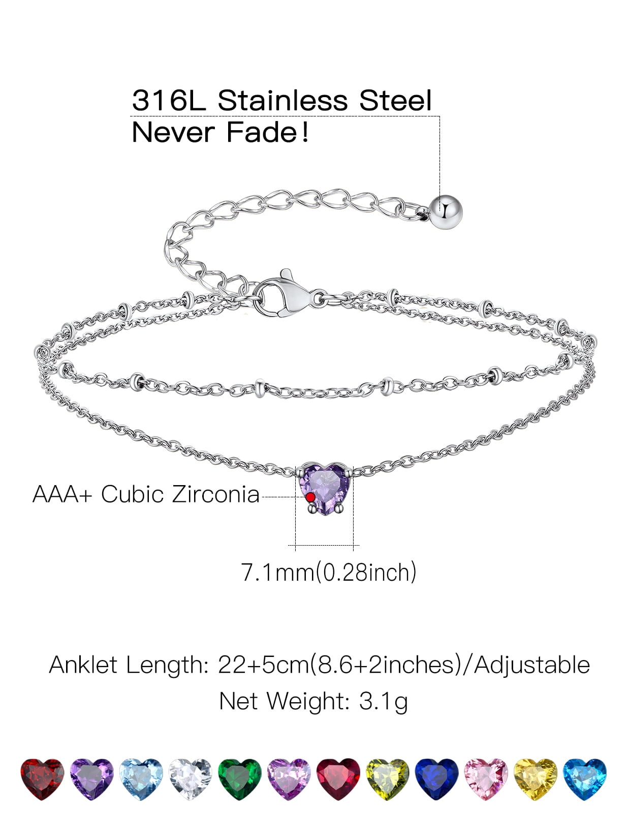 Suplight 925 Stelring Silver Birthstone Crystal Anklet Double Layered Chain Anklet Bracelets for Women