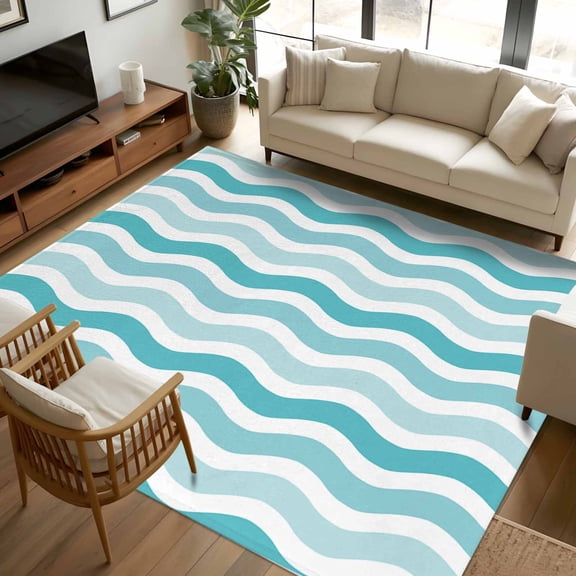 8x10 Area Rugs Turquoise White Ombre Non-Skid Rubber Backing Large Rectangle Rugs - Living Room Bedroom Home Office, Modern Geometric Gradient Ocean Striped Indoor Floor Mat Carpets Washable Rug