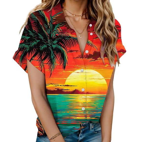 Qulqfy Womens Shirts Casual Fashion Hawaiian Print Short Sleeve Casual Turn Down Collar Drop Shoulder Button going out Tops