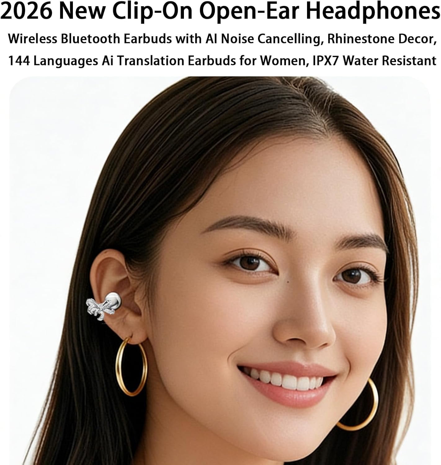 Clip-On Open Ear Bluetooth Headphones with AI Translation & Noise Cancelling - IPX7 Waterproof, Rhinestone Design, 144 Languages, Wireless Earbuds for Women (Purple) P