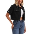 thumbnail image 4 of Chaqueta de mezclilla recortada de manga corta con botones y deshilachada para mujer INSPIRE CHIC, color negro, talla 2XL, 4 of 6