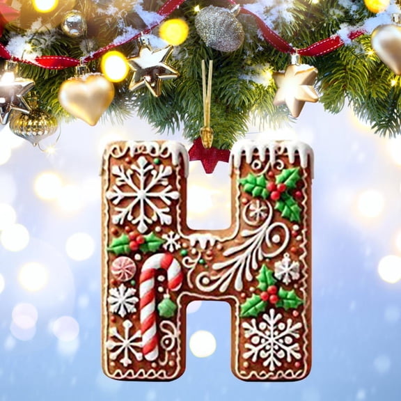 Personalized Christmas Letter H Ornament, DIY Gingerbread Acrylic Alphabet Decoration with Holly and Candy Cane, Hanging Tree Gift Tag for Party