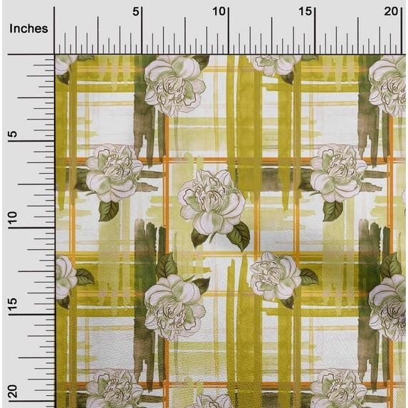 oneOone Cotton Poplin Lime Green Fabric Leaves & Floral Check Fabric For Sewing Printed Craft Fabric By The Yard 42 Inch Wide