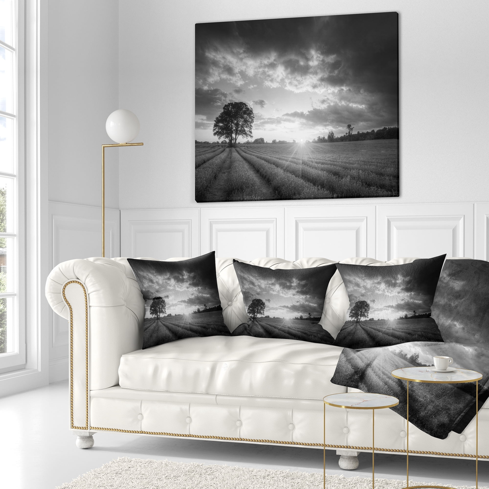 Designart Vibrant Black White Lavender Field - Landscape Printed Throw Pillow - 18x18