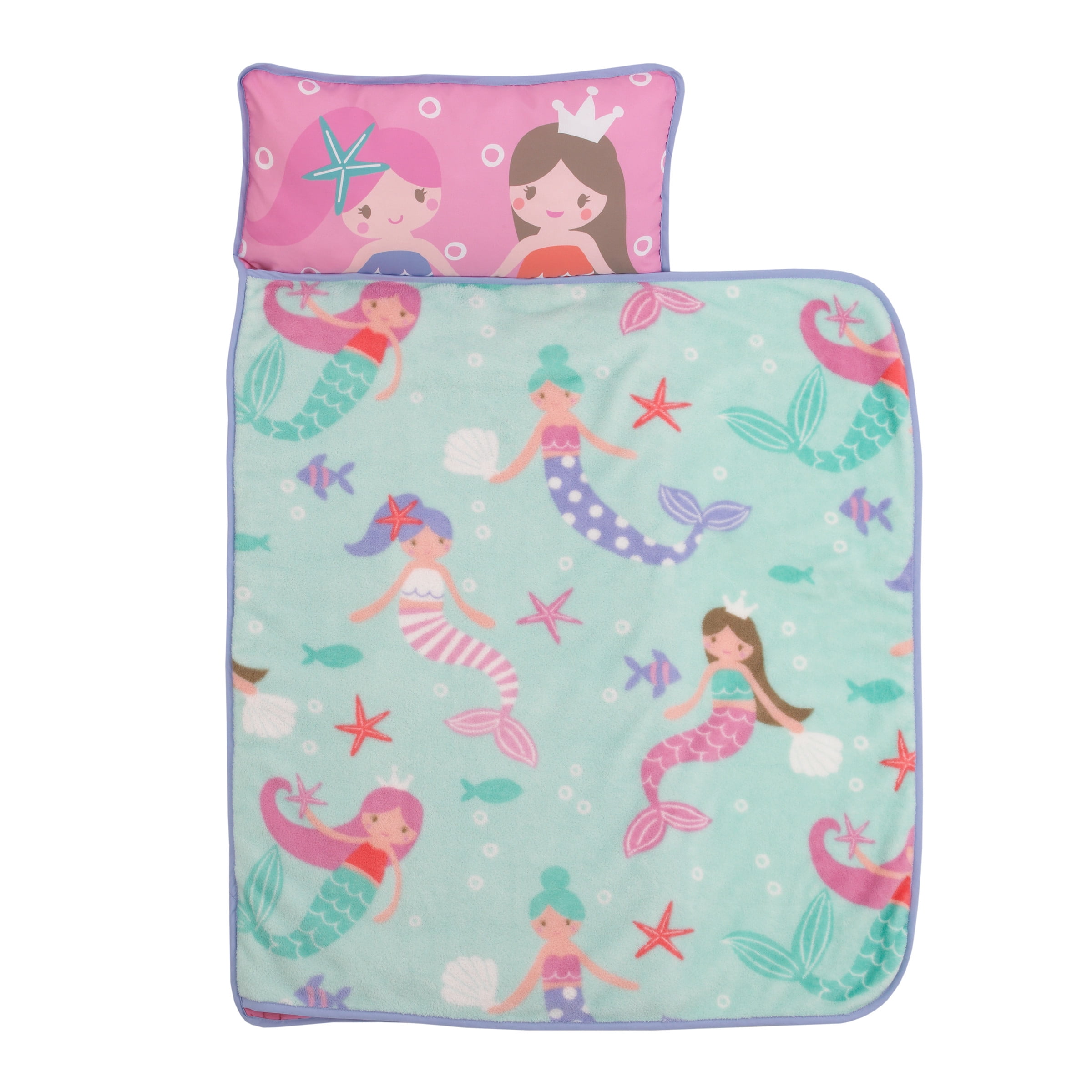 Everything Kids Pink and Aqua Mermaid Toddler Nap Mat with Attached Pillow and Blanket, Preschool Girl