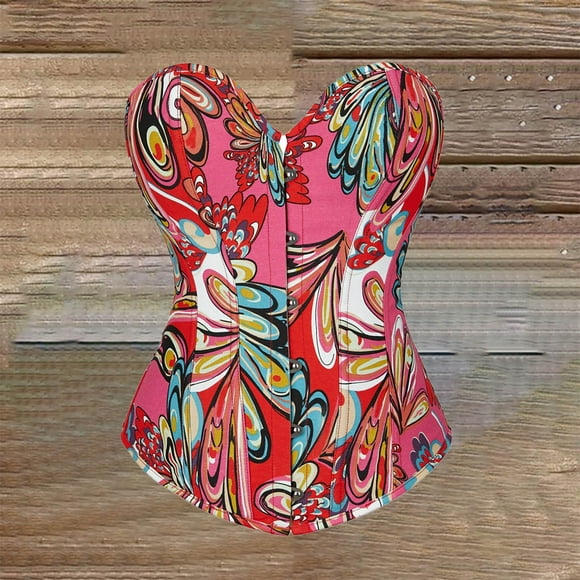 Breezora Haut Corset en Denim pour Femme, Peinture Abstraite Rétro, Imprimé Papillon, Blouse Style Vintage, Taille g, Rouge